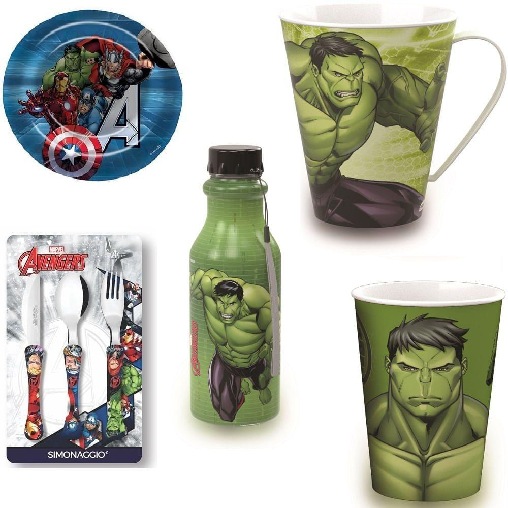 Kit Avengers Prato Talheres Copos Garrafa Hulk