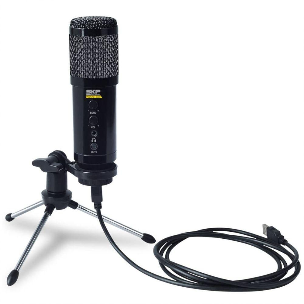 Microfone Cabo Usb Condenser Tripé Podcast 400u Preto
