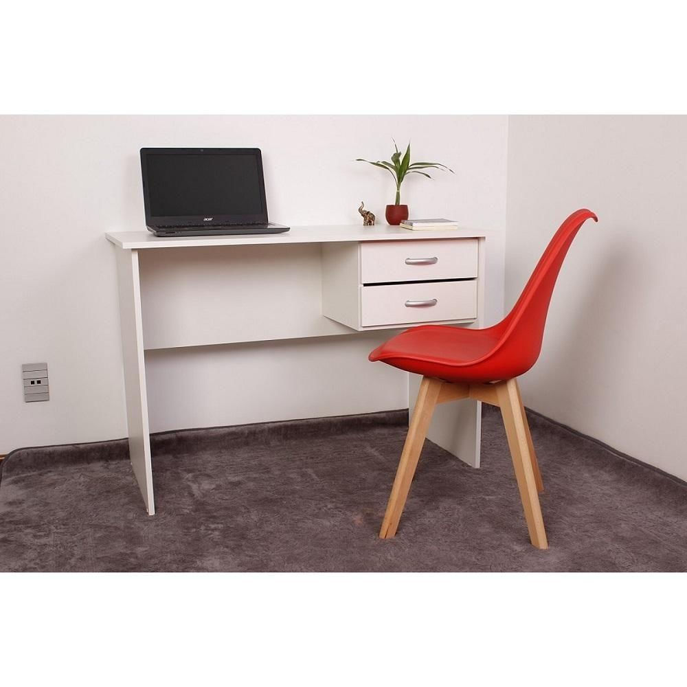 Escrivaninha Com Gaveteiro Branca+01 Cadeira Leda Vermelha