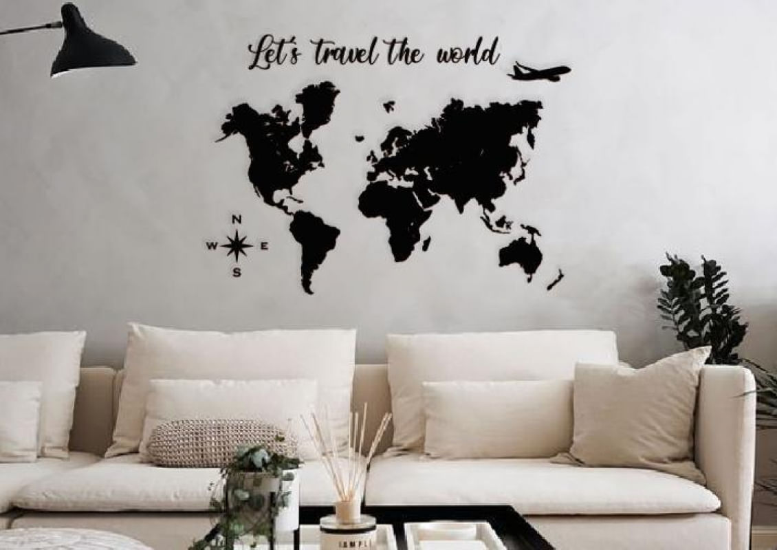 Mapa Mundi + Let´S Travel The World 120X85Cm Lettering Mdf