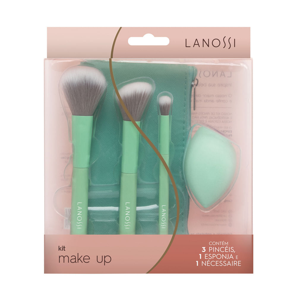 Kit Pincéis de Maquiagem Compactos com Esponja Gota Chanfrada e Necessaire Mint Green Lanossi 5 Unidades