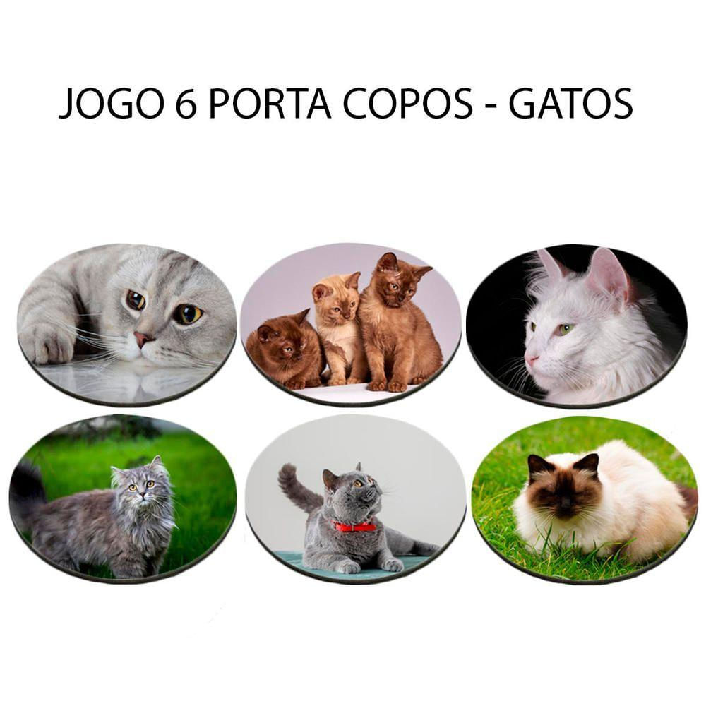 Kit 6 Porta Copos Personalizados Gatinho Persa Siamês Raças Redondo