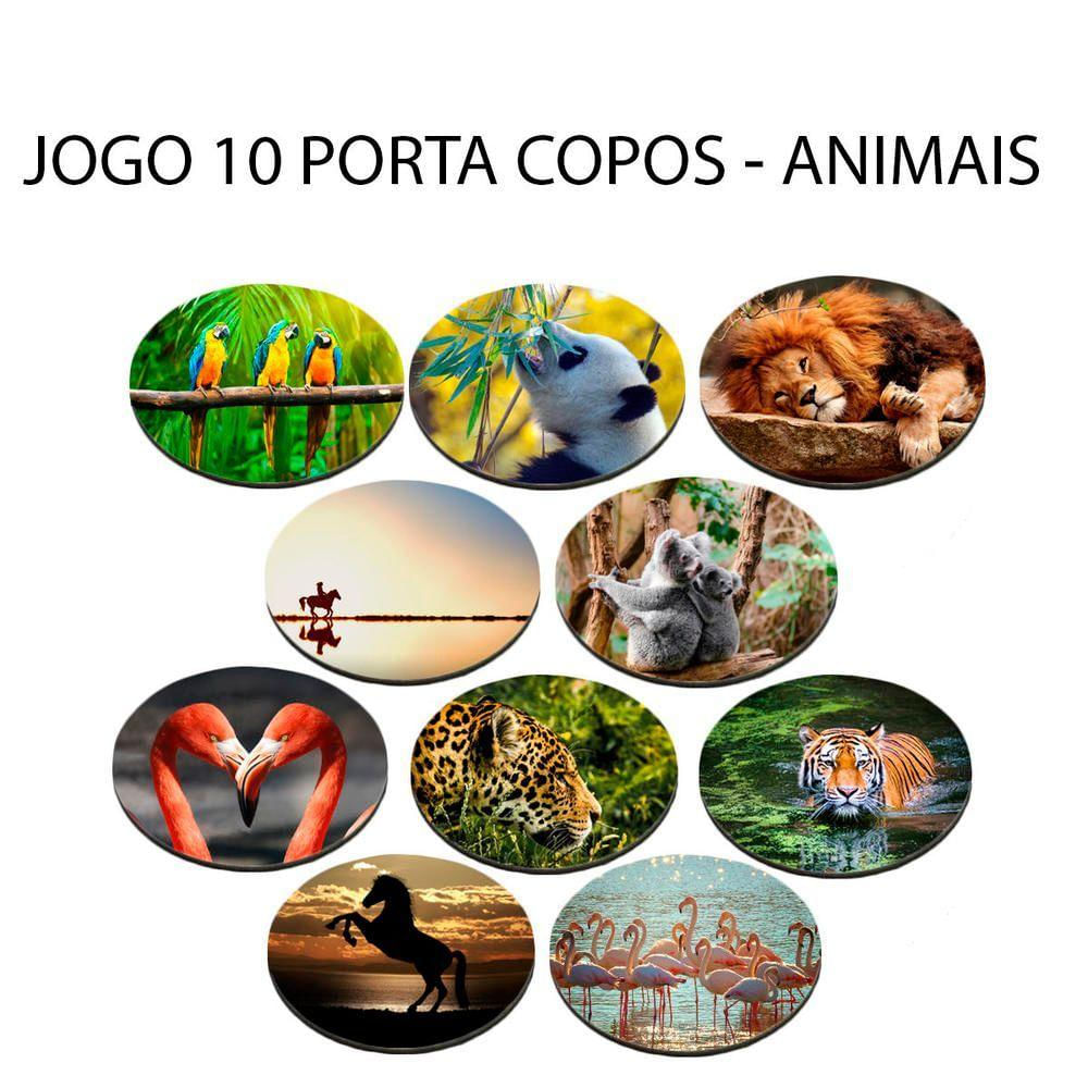 Jogo 10 Porta Copos Animais Floresta Natureza Neoprene Redondo