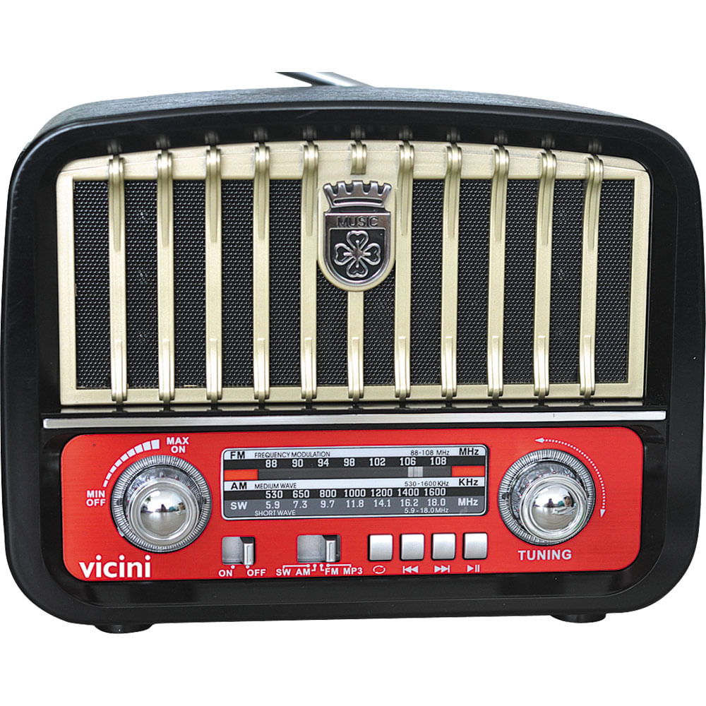 Rádio Portátil Vicini AM/FM/SW com Entradas USB, SD e Auxiliar Retrô VC-281
