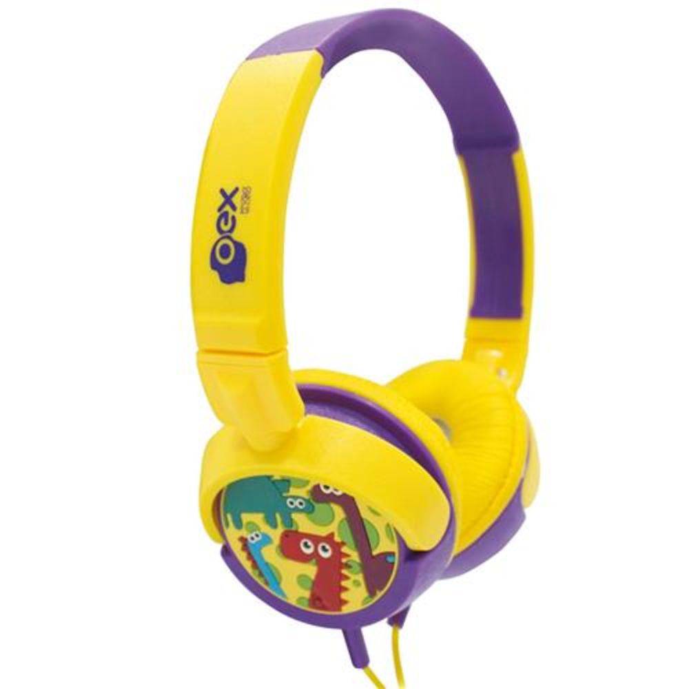 Fone de Ouvido com Alça Kids Dino OEX HP300 Amarelo e Roxo