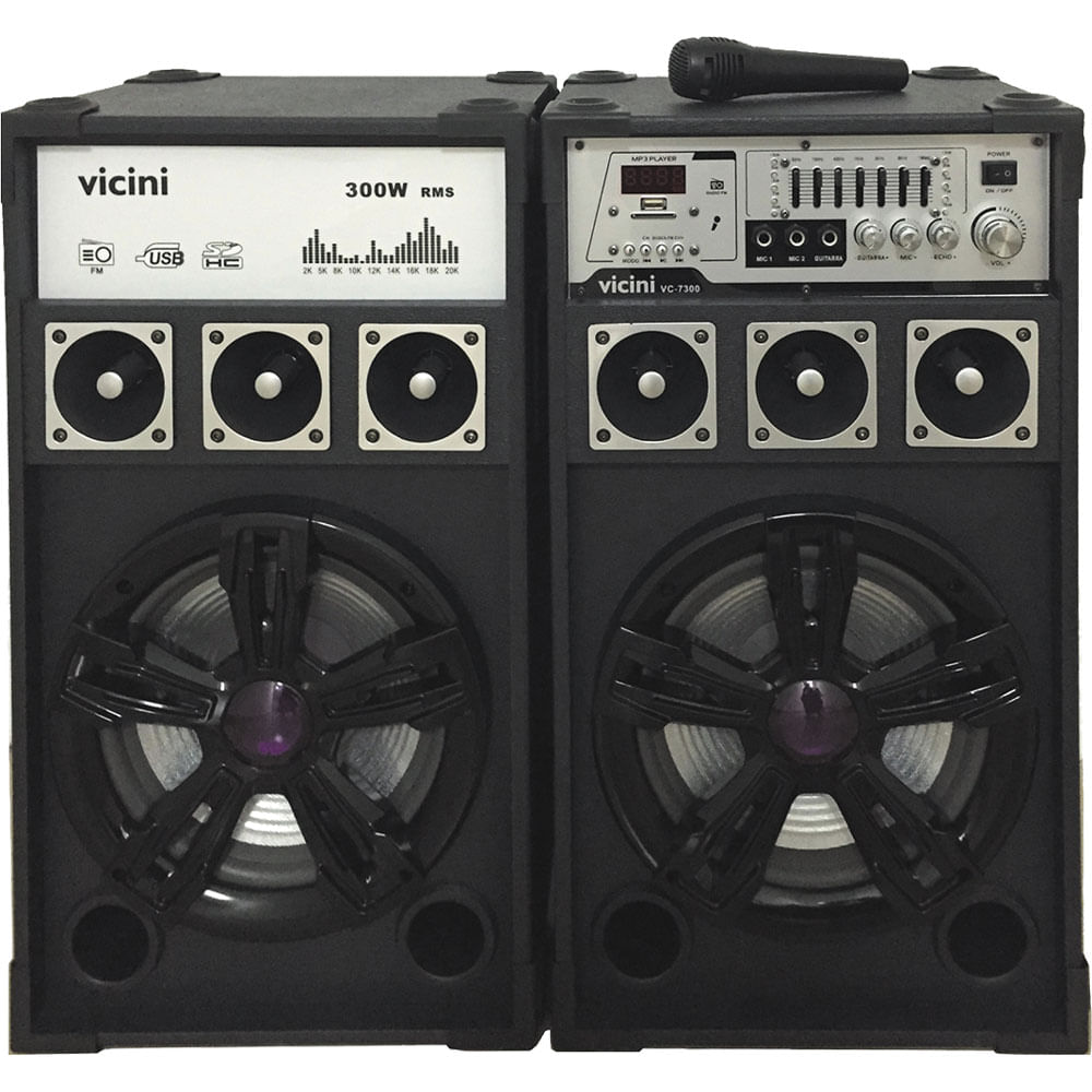 Conjunto 2 Caixas Acústicas Bluetooth 300WRMS Vicini VC-7300 com Microfone e Entradas USB, SD e para Guitarra Preto
