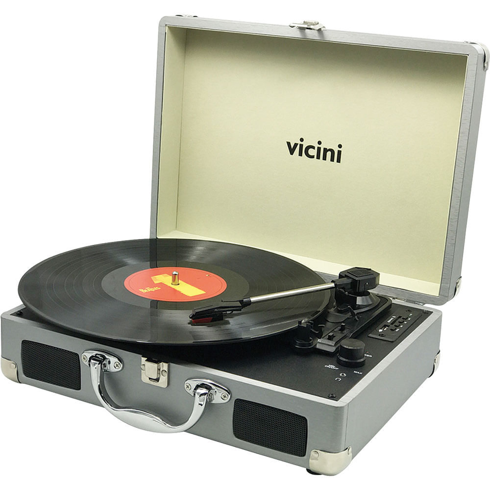 Vitrola Toca Disco Bluetooth Vicini Classic VC-285 10WRMS Entradas USB e SD Prata