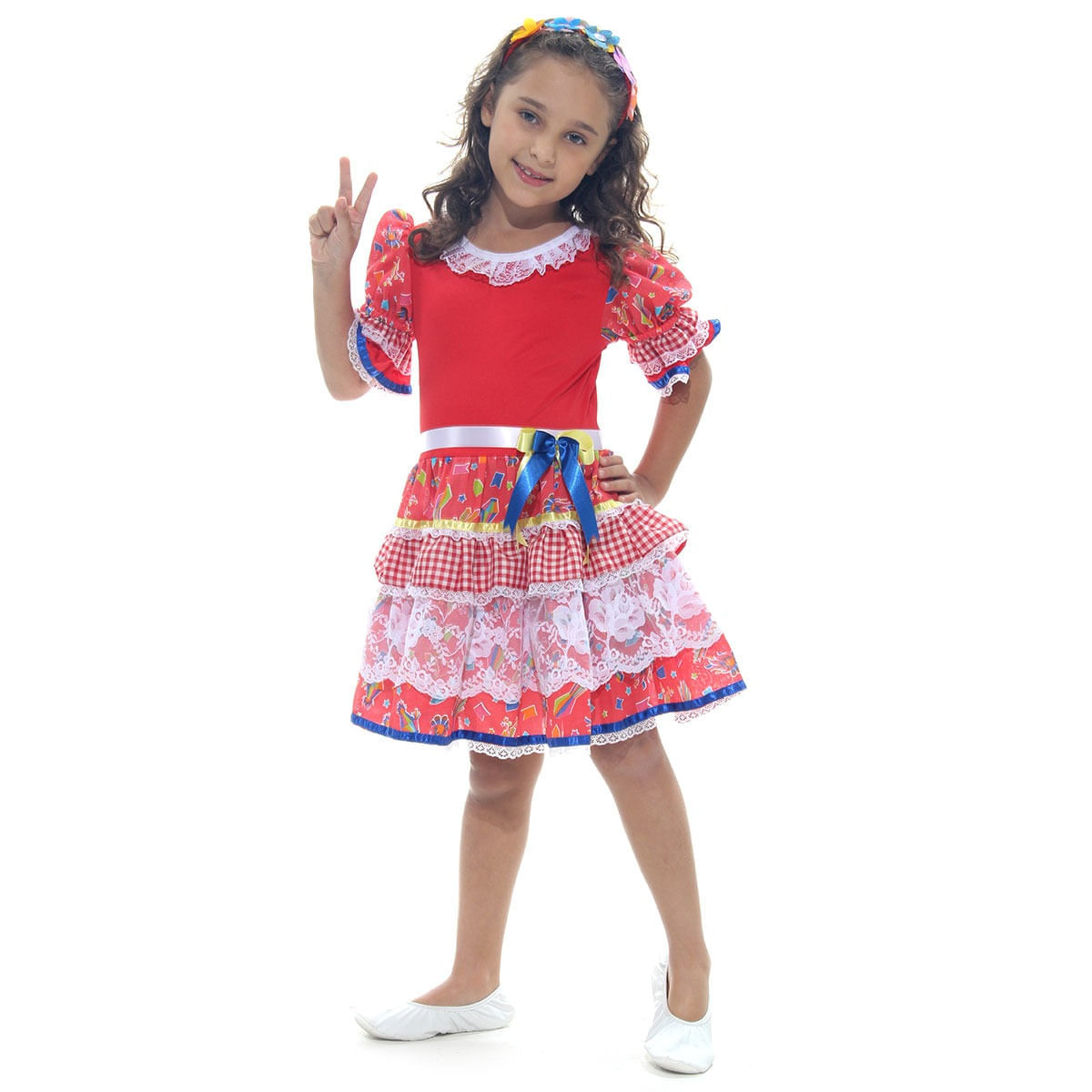 Fantasia Caipira Chic Vermelha Vestido Infantil com Tiara - Festa Junina P / UNICA