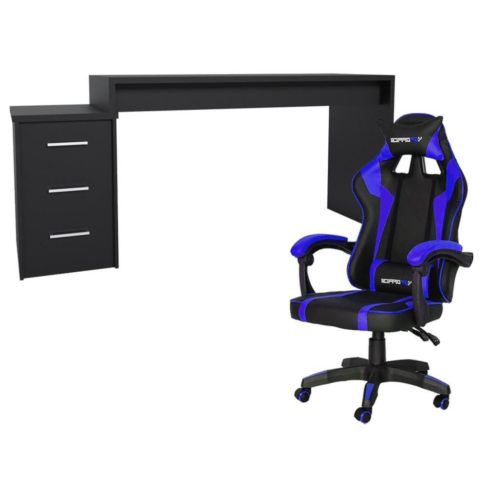 Conjunto PlayerXtreme PRO Mesa Preto Texturizado e Cadeira Gamer Azul - Gran Belo