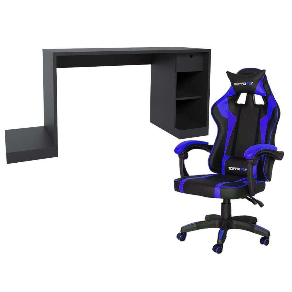 Conjunto PlayerXTreme Mesa Preto Texturizado e Cadeira Gamer Azul - Gran Belo