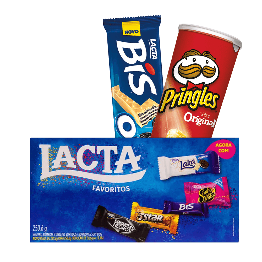 Kit caixa de bombom Lacta + Caixa de bombom Bis Oreo + Batata Pringles Original