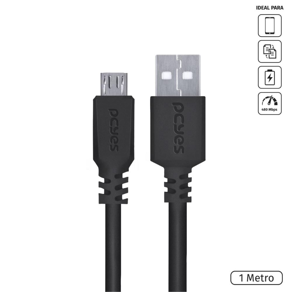 Cabo Micro USB para USB a 2.0 para Celular 1 Metro Preto - PMUAP-1