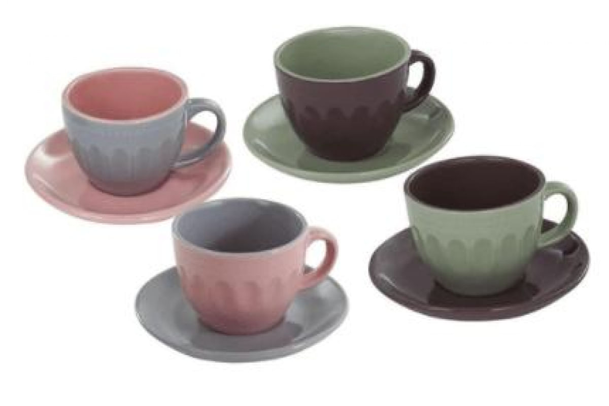 Jogo com 4 Xícaras de Chá com Pires em Cerâmica Escandivo 210 ml - Mimo Style - CR596