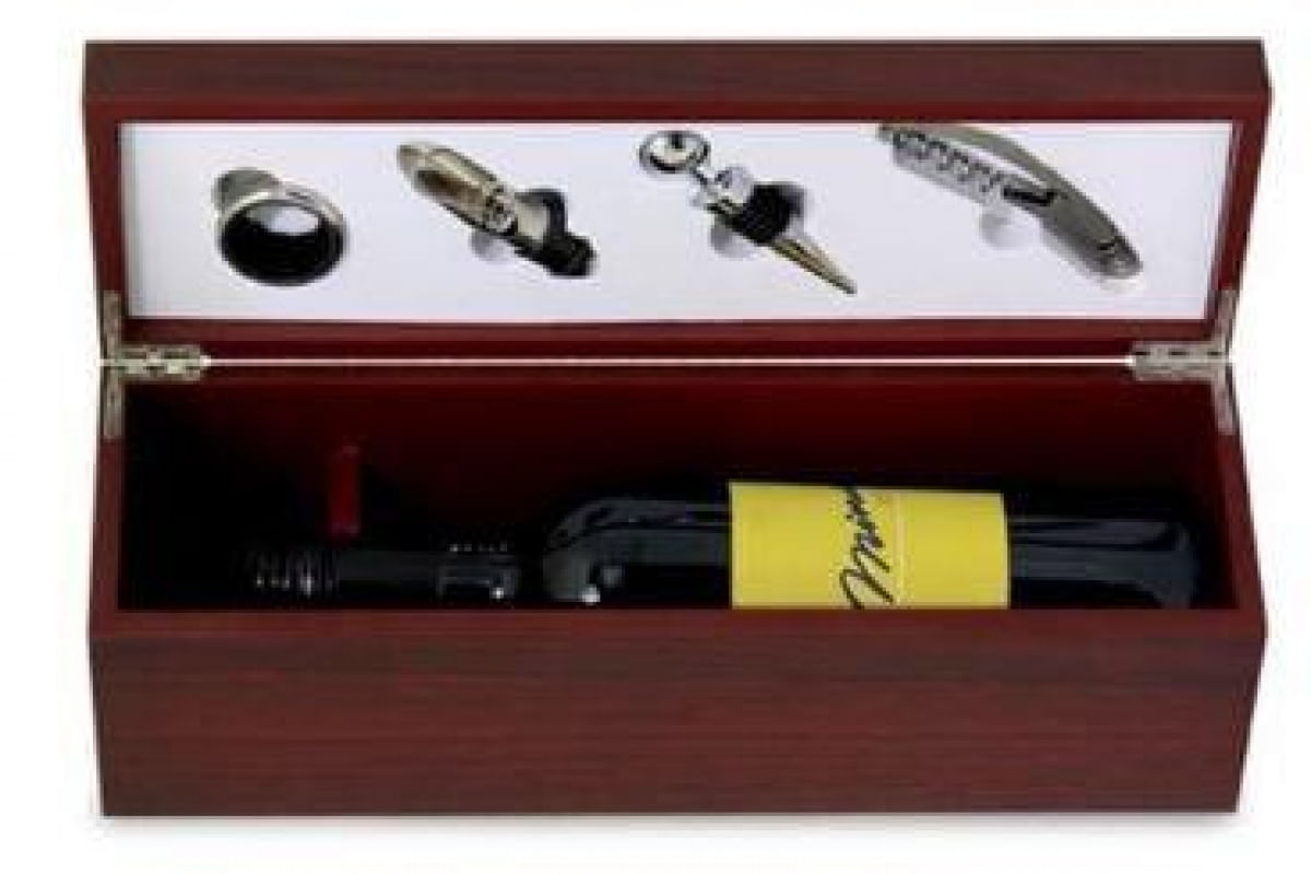 Porta Vinho com 4 Peças em Inox em Caixa de Madeira 36 cm - Mimo Style - AC11503