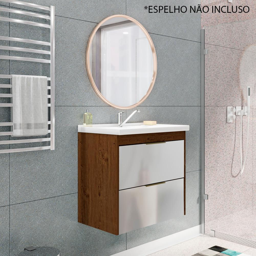 Gabinete de Banheiro 59 cm com Pia e Vidro Cancun MGM Móveis Amêndoa/Branco Única / Amêndoa