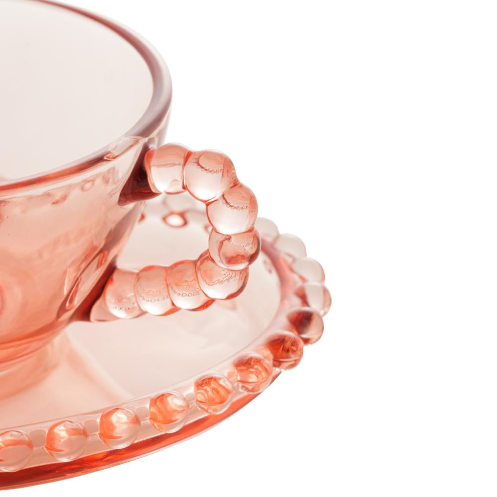 Cj 4 Xícaras Chá Cristal C/Pires Coração Pearl Rosa 180Ml