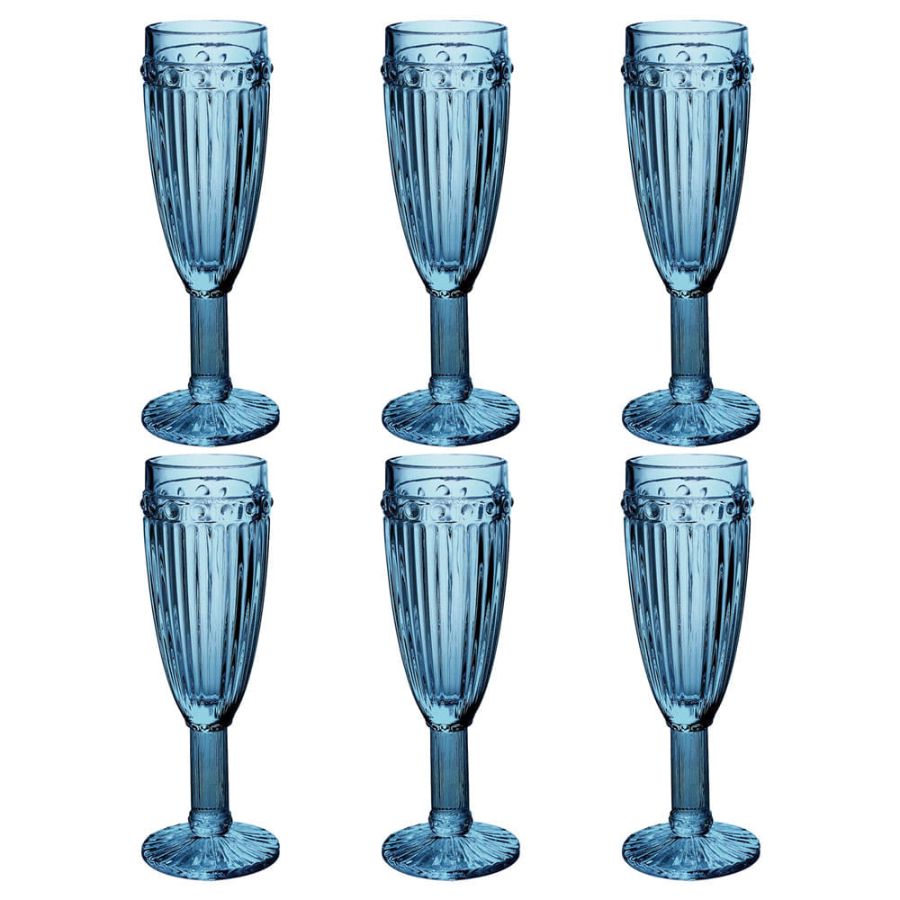 Jogo de taças para champanhe em vidro Lyor Empire 6 peças 170ml azul