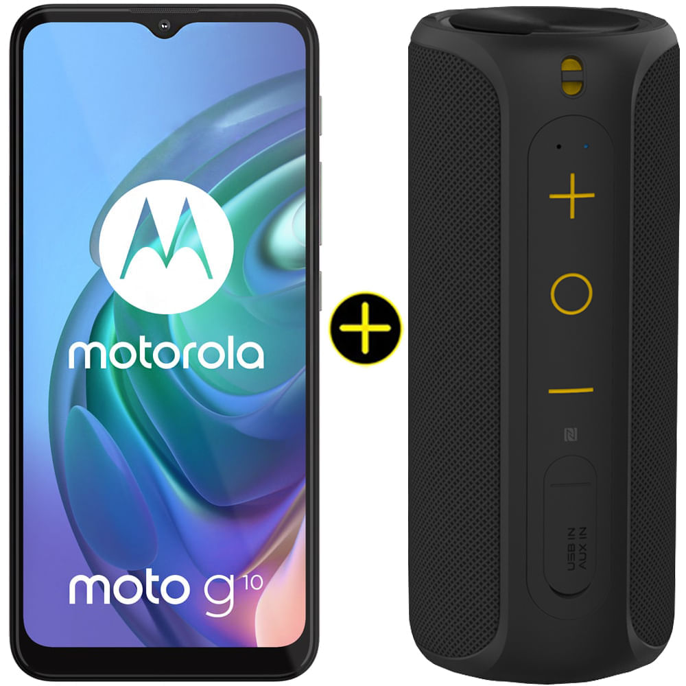 Kit Celular Motorola Moto G10 Cinza Aurora 64GB + Caixa De Som Portátil Sem Fio Bluetooth Y-Move 12W