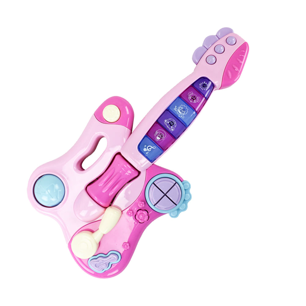 Brinquedo Didático com Chocalho para Bebê 18 meses Guitarra Infantil Musical para criança Luzes e Som Rosa BBR