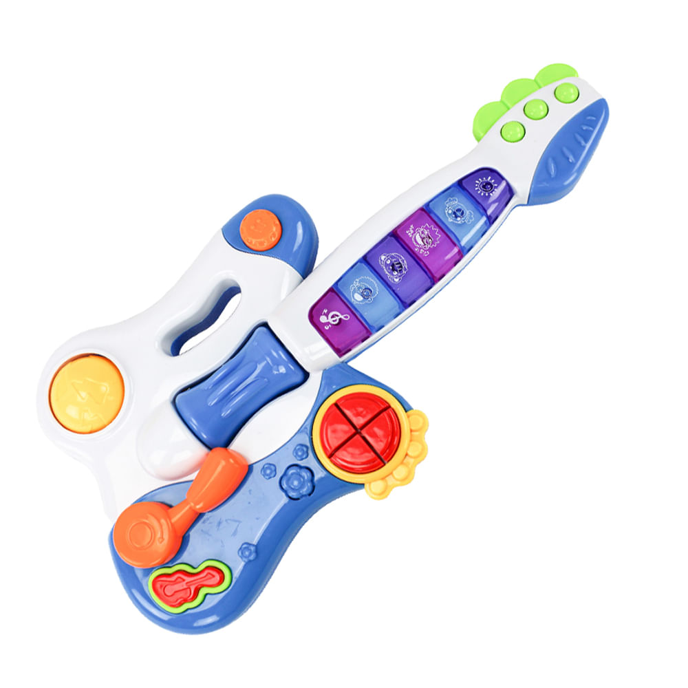 Brinquedo Didático com Chocalho para Bebê 18 meses Guitarra Infantil Musical para criança Luzes e Som Azul e Branco BBR