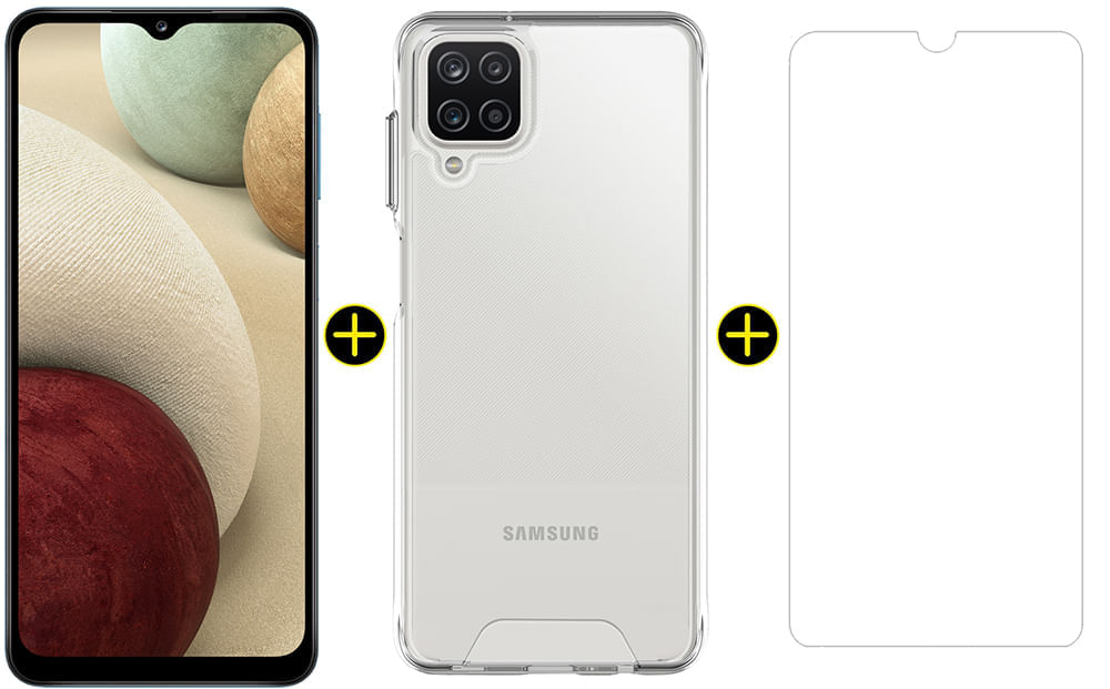 Kit Celular Samsung Galaxy A12 Preto 64GB + Capa Antiqueda Y-Cover Space + Película Y-Protection