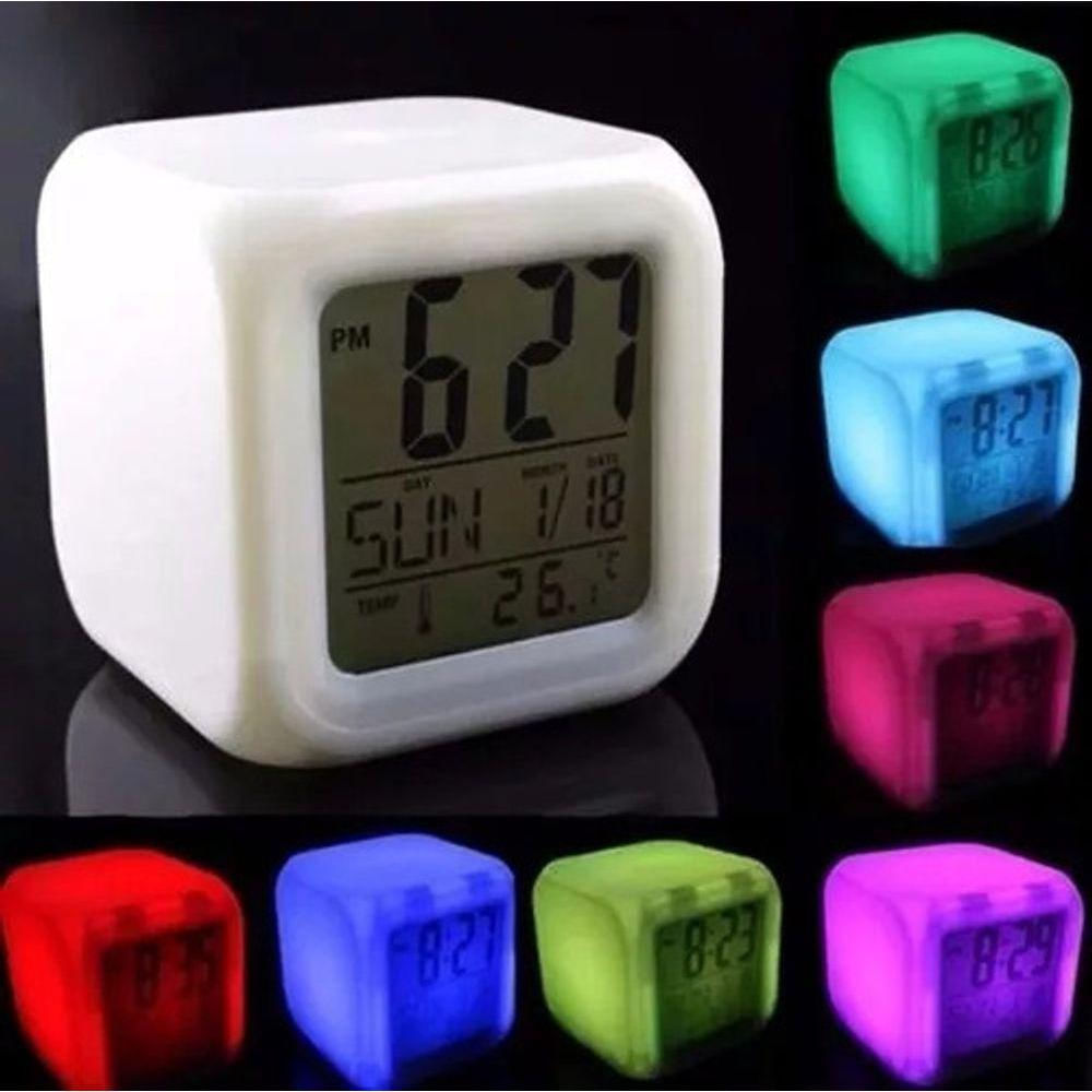 Relógio Despertador Digital Lumanaria Cubo Led 7 Cores