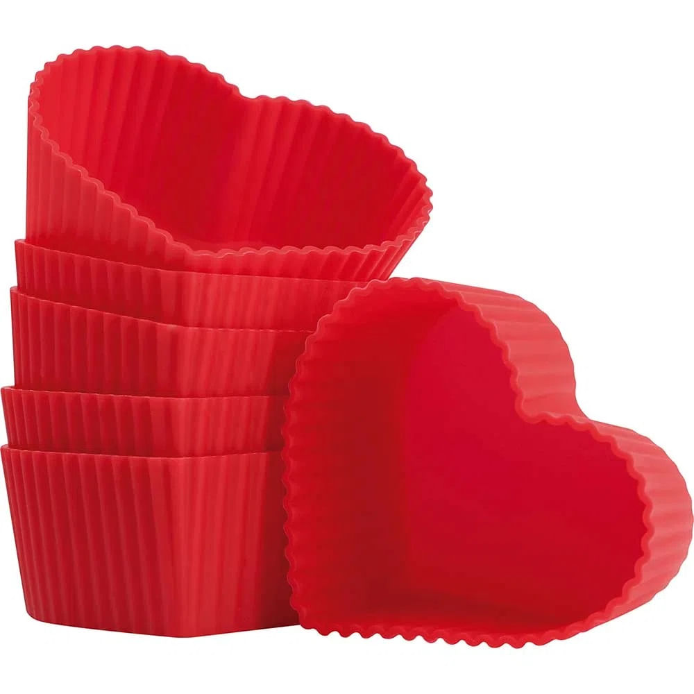 Forma Cupcake e Muffin Silicone Coração Kit com 6 Mor