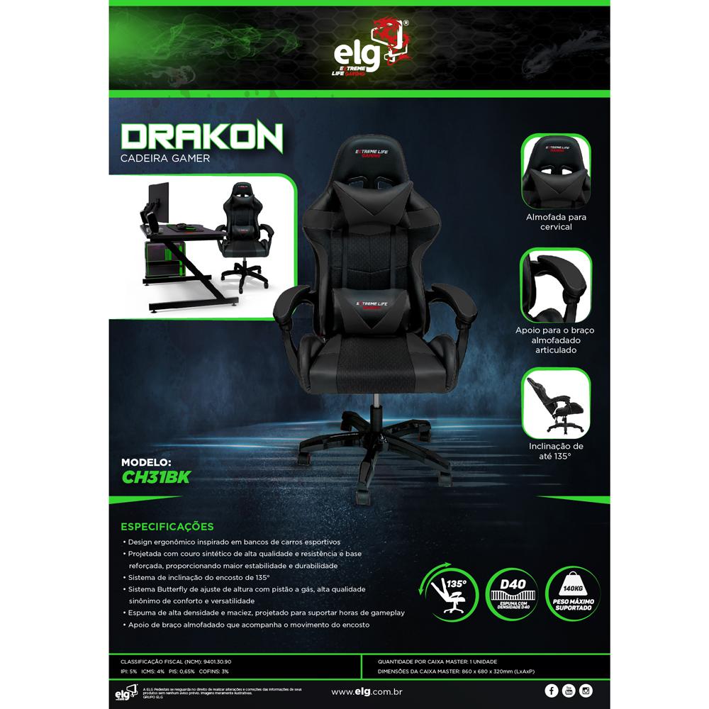 Cadeira Gamer ELG Drakon CH31BK Preta