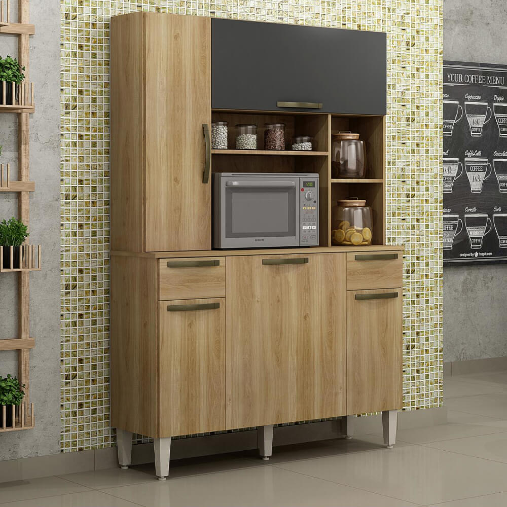 Cozinha Compacta Sallêto Safira Plus 2020 com Gavetas - Carvalho/Grafite