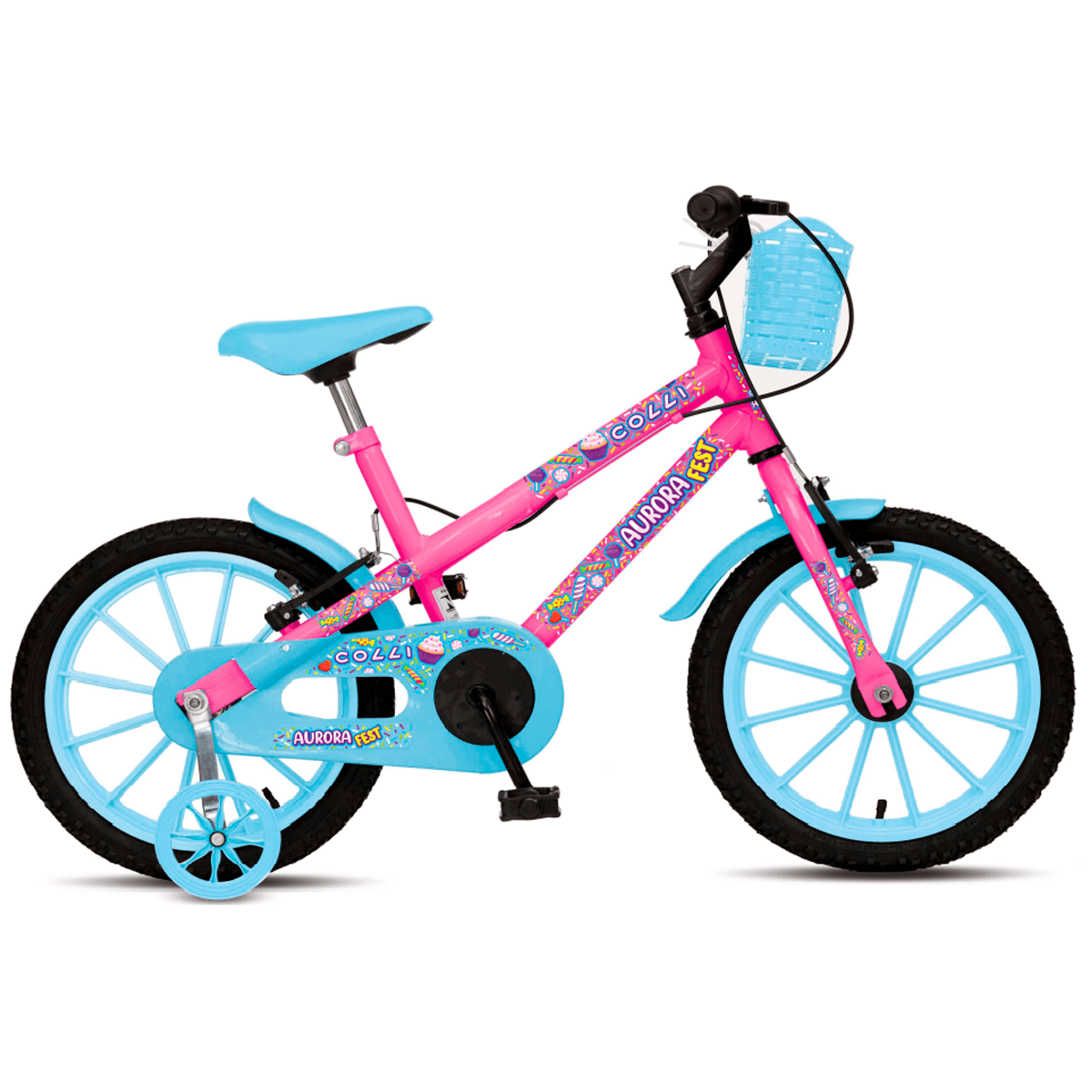 Bicicleta Colli Aurora Fest Aço Carbono Aro 16 Freios V-Brake Rodas de Apoio e Cestinha Azul/Rosa