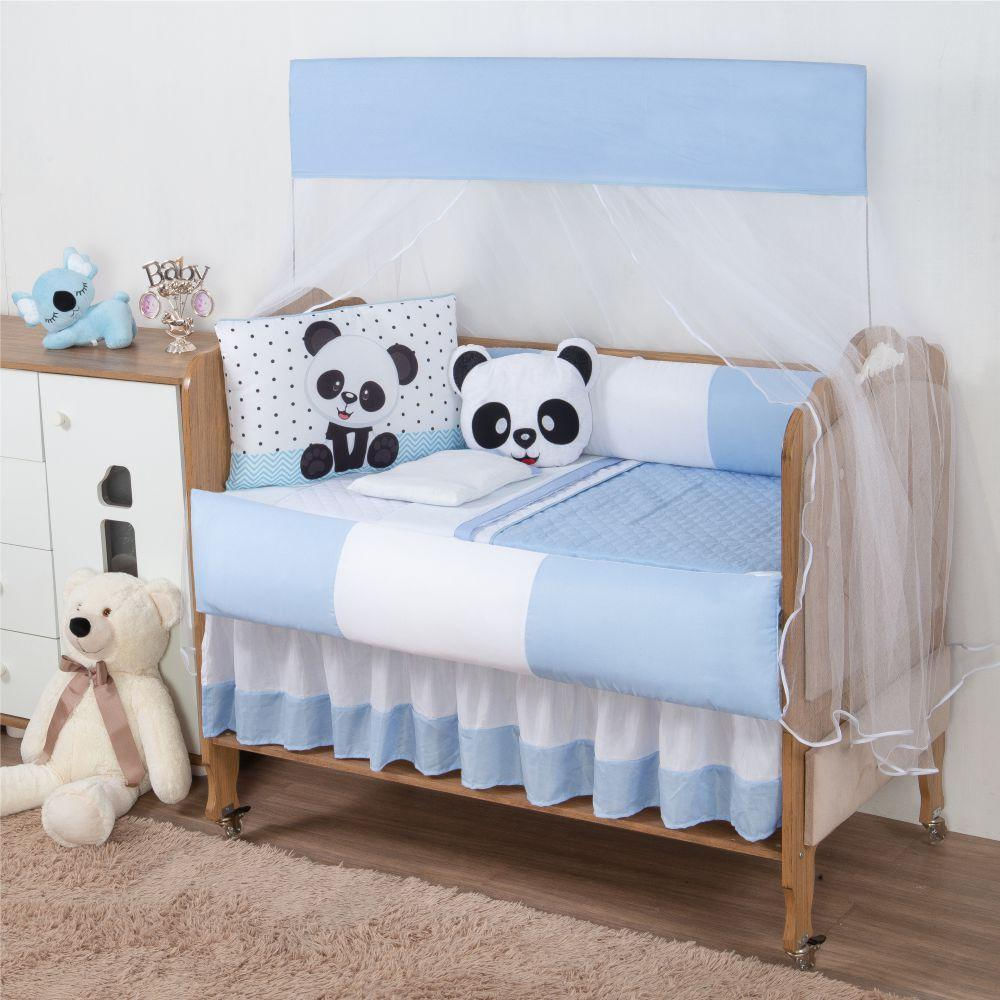Kit Para Berço Bebê Aquarelado Panda 10 Peças - Azul-branco