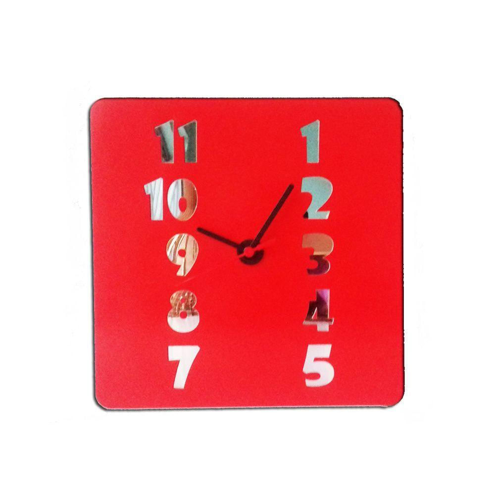 Relógio de Parede MDF Vermelho Números Espelhados Preto