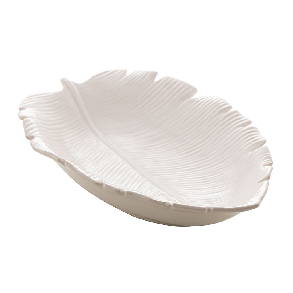 Prato decorativo de cerâmica banana leaf branco 26,5x20x4cm