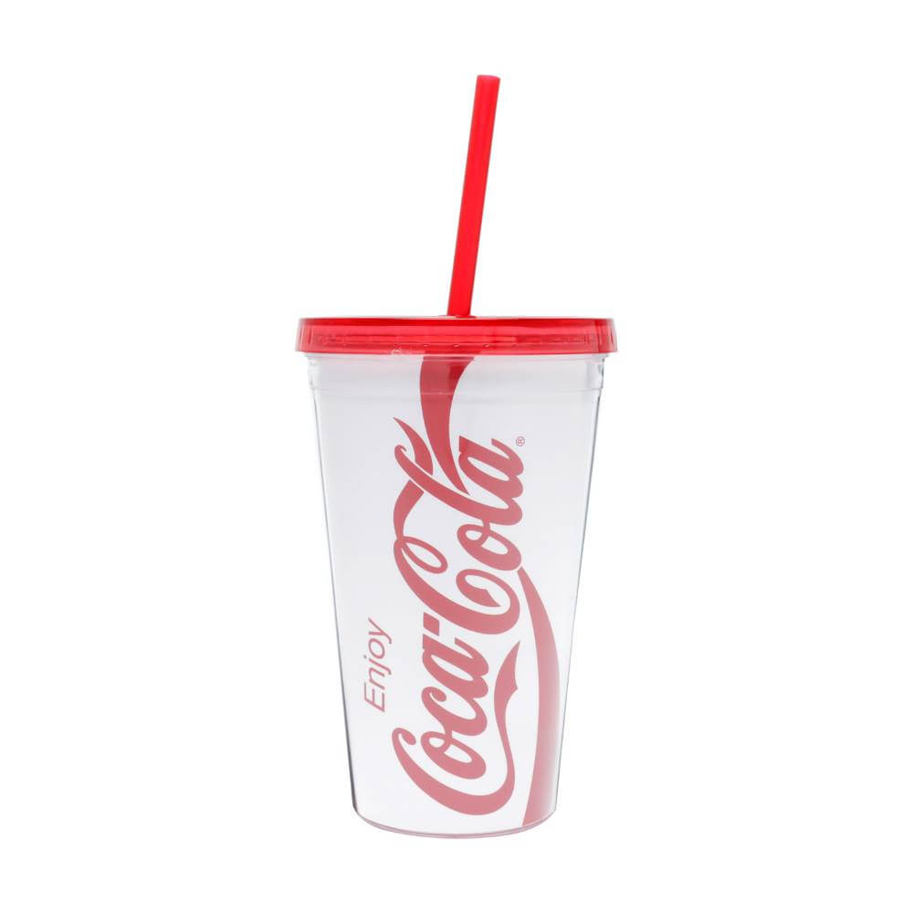 Copo Canudo Plástico Coca-Cola Logo Branco 9,5X9,5X15,5cm - 500ml