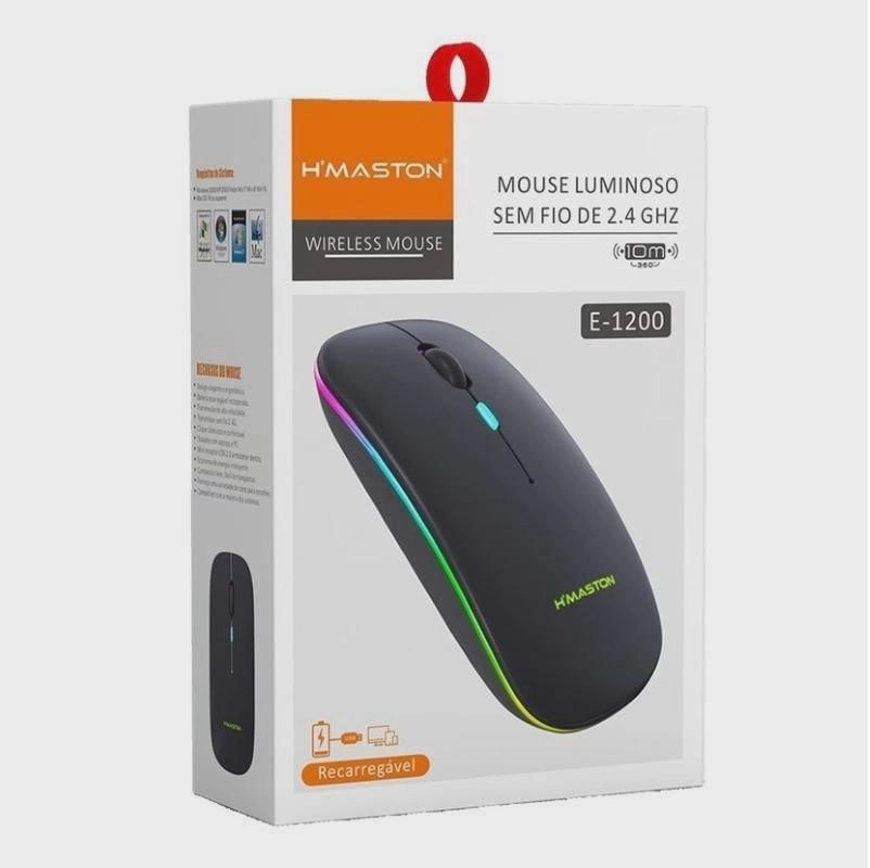 Mouse Recarregável Wireless Silencioso RGB E-1200 Preto