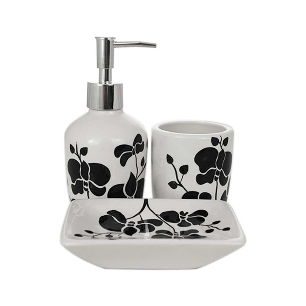 Jogo para banheiro em cerâmica Bencafil Floral 3 peças preto e branco