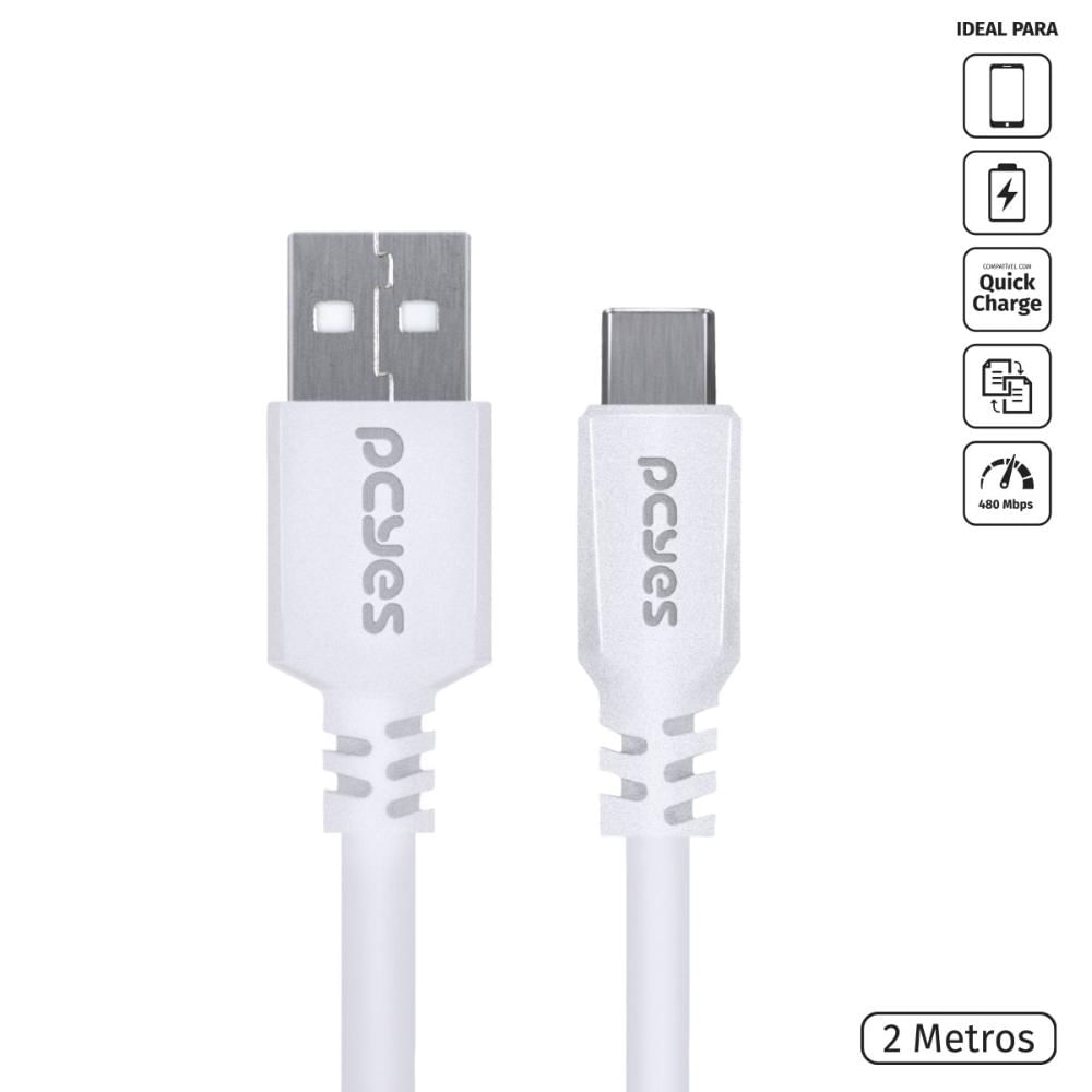 Cabo para Celular Smartphone USB a 2.0 para USB Tipo C 2 Metros Branco - PUACB-02