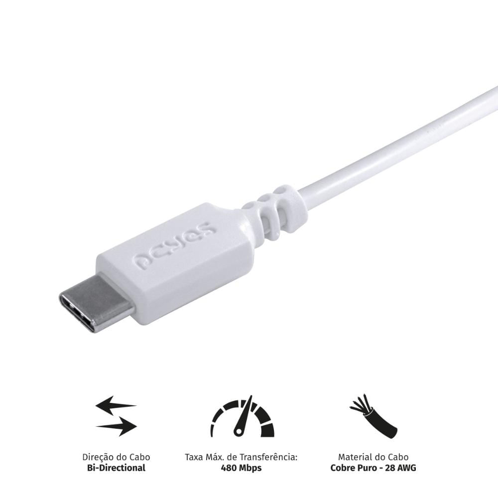 Cabo para Celular Smartphone USB a 2.0 para USB Tipo C 2 Metros Branco - PUACB-02