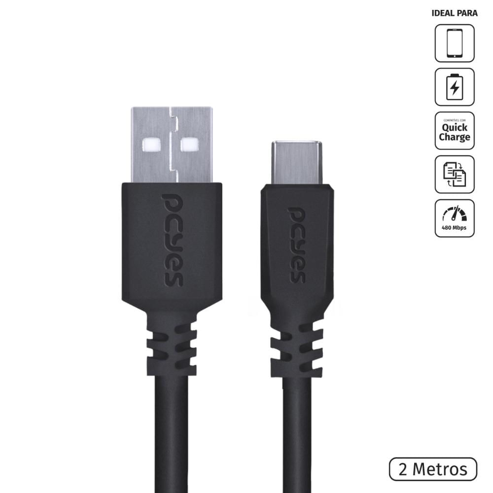 Cabo para Celular Smartphone USB a 2.0 para USB Tipo C para 2 Metros Preto - PUACP-02