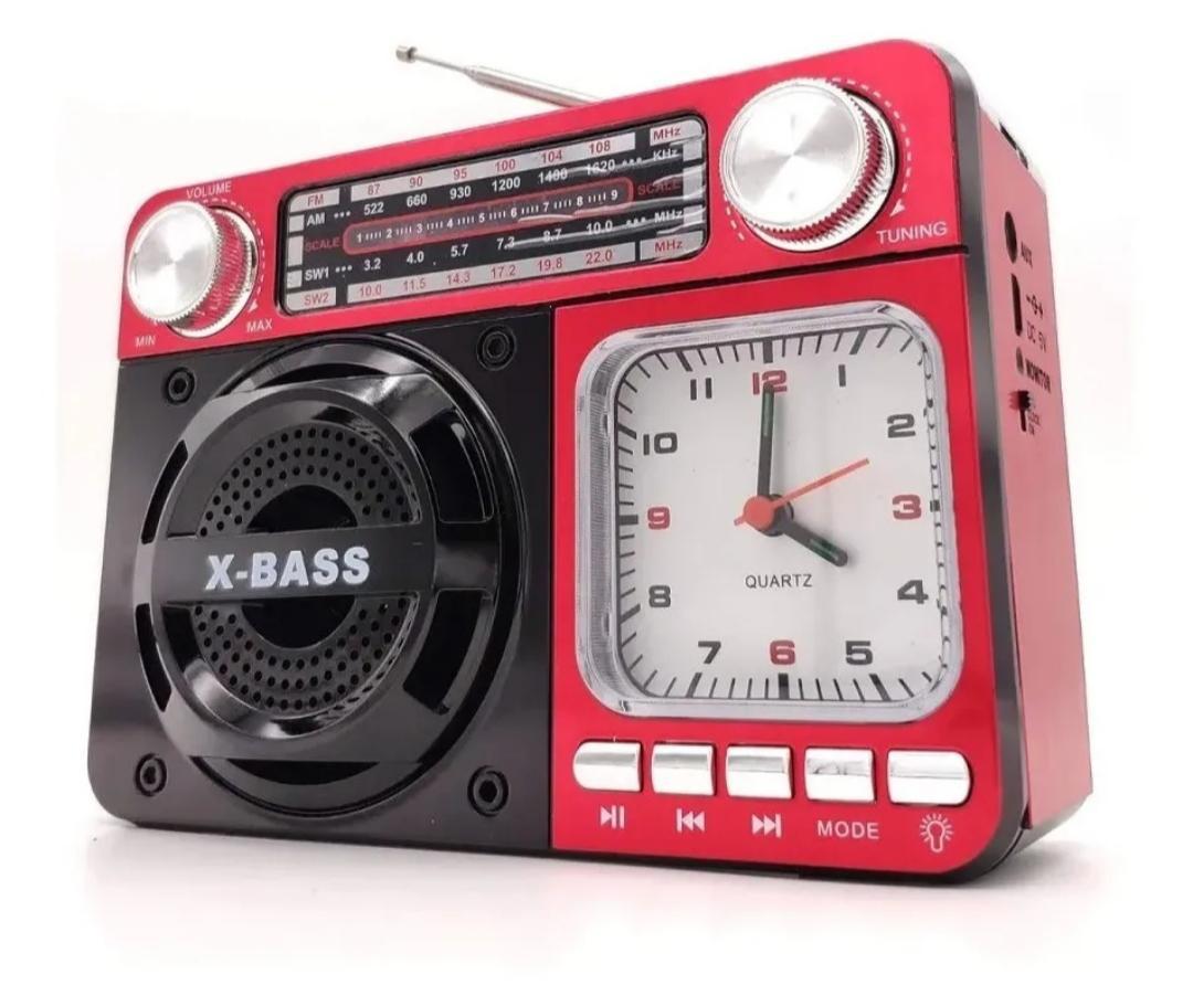 Radio Relógio Caixa De Som Bluetooth Recarregável Vermelho