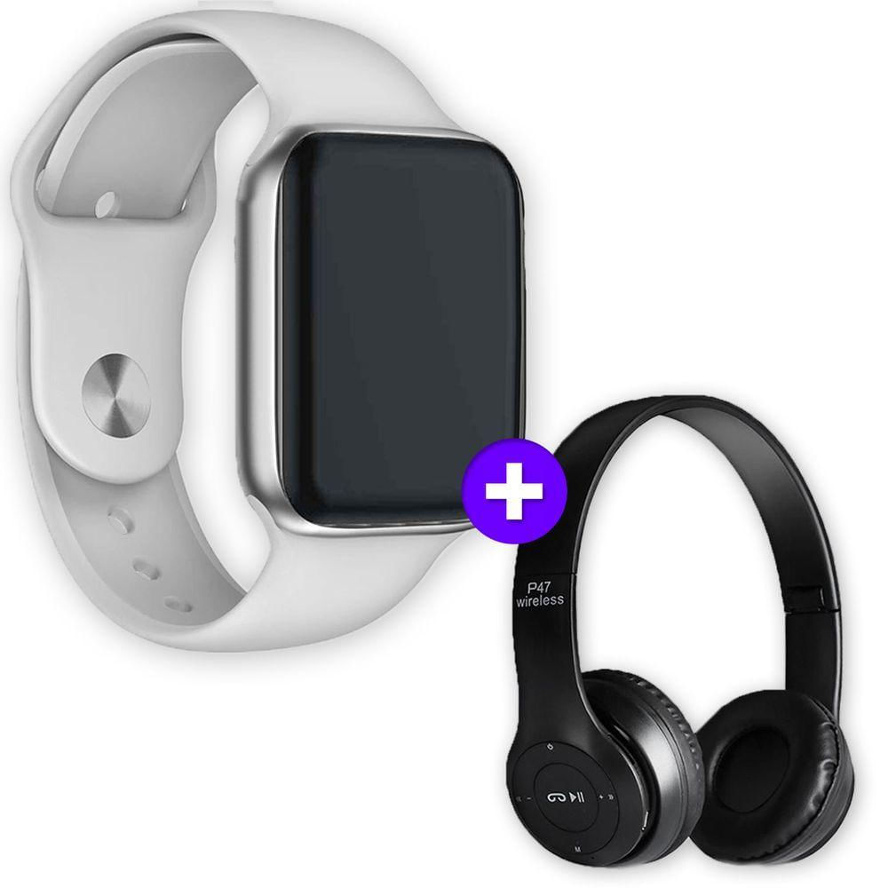 Kit Smartwatch Iwo 9 44mm Branco + Headphone Sem Fio Preto
