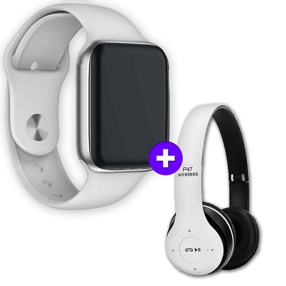 Kit Smartwatch Iwo 9 44mm Branco + Headphone Sem Fio Branco