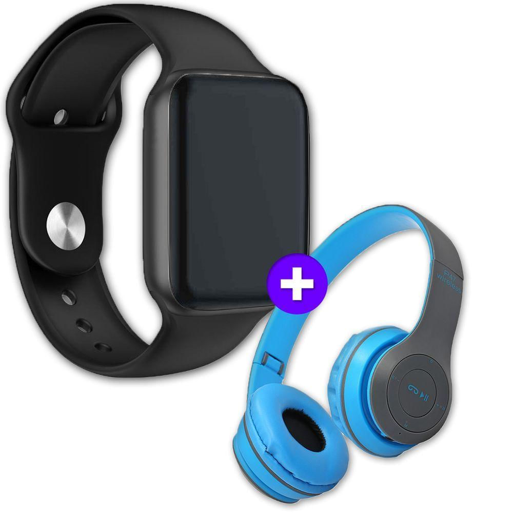 Kit Smartwatch Iwo 9 44mm Preto + Headphone Sem Fio P47 Azul