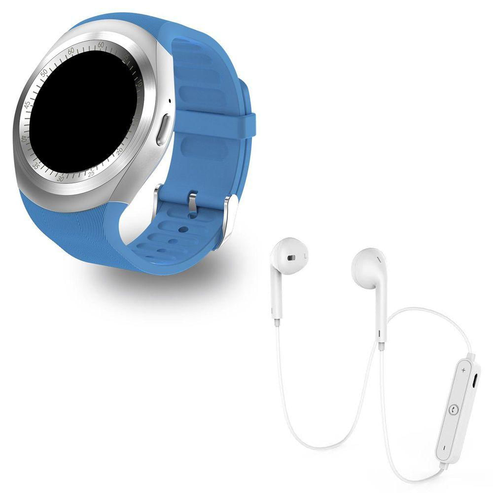 Kit 1 Relógio Smartwatch Y1 Azul + 1 Fone Original Branco
