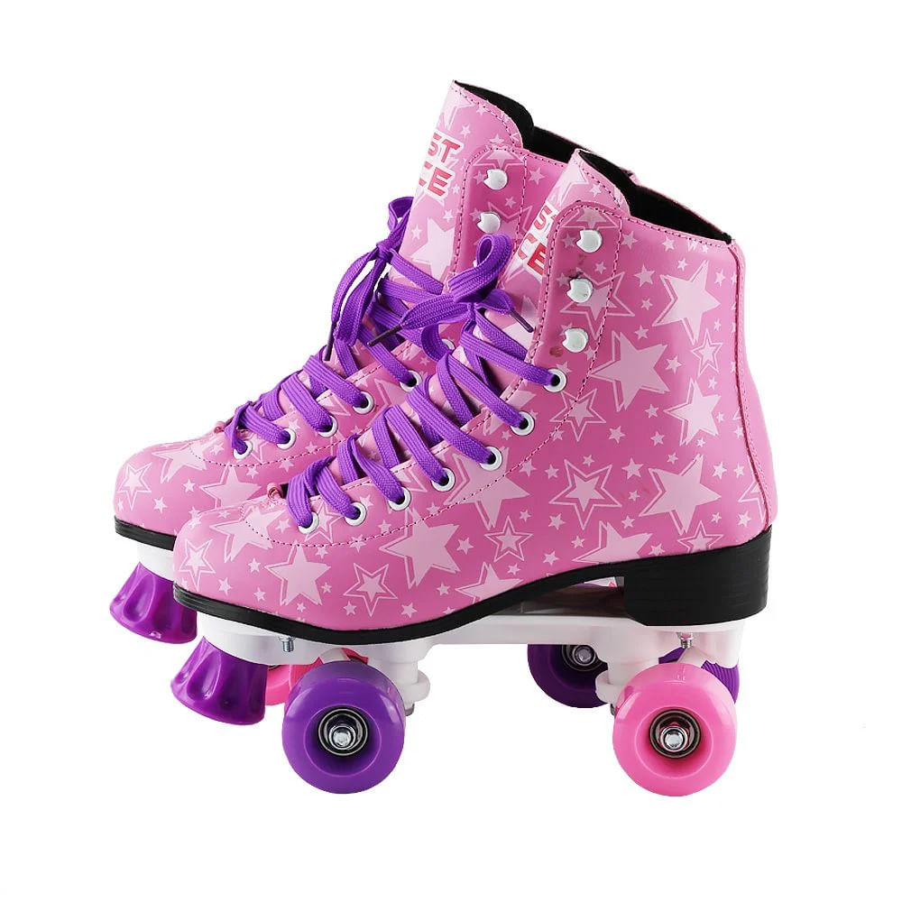 Patins Infantil 4 Rodas Feminino Roller Retrô Skate cor Rosa com Estrelas 33-34 BBR Toys
