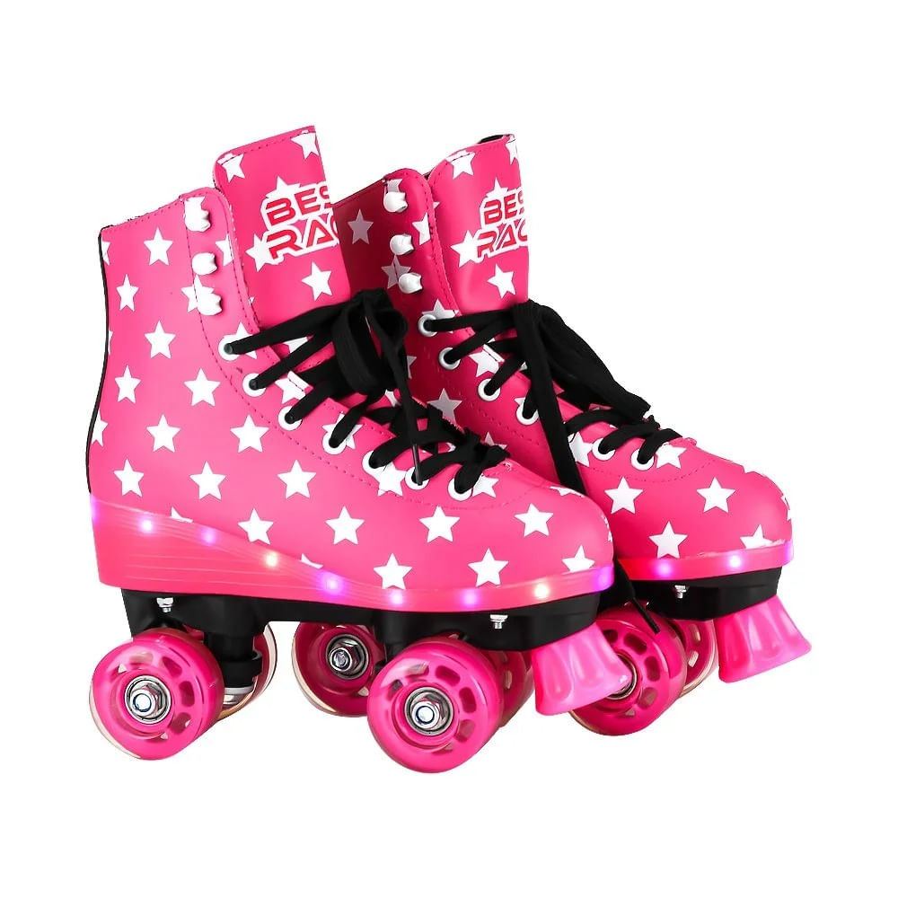 Patins Infantil 4 Rodas com LED Feminino Roller Retrô Skate cor Rosa com Estrelas 37-38 BBR Toys