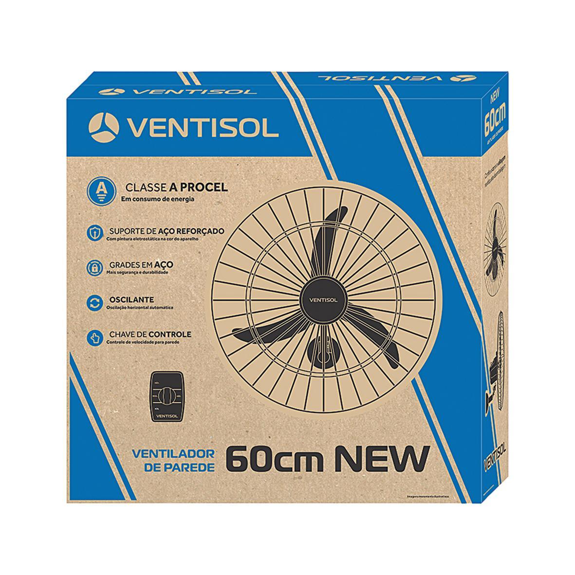 Ventilador de Parede Ventisol New 60cm com 147W e 3 Pás Preto 127V