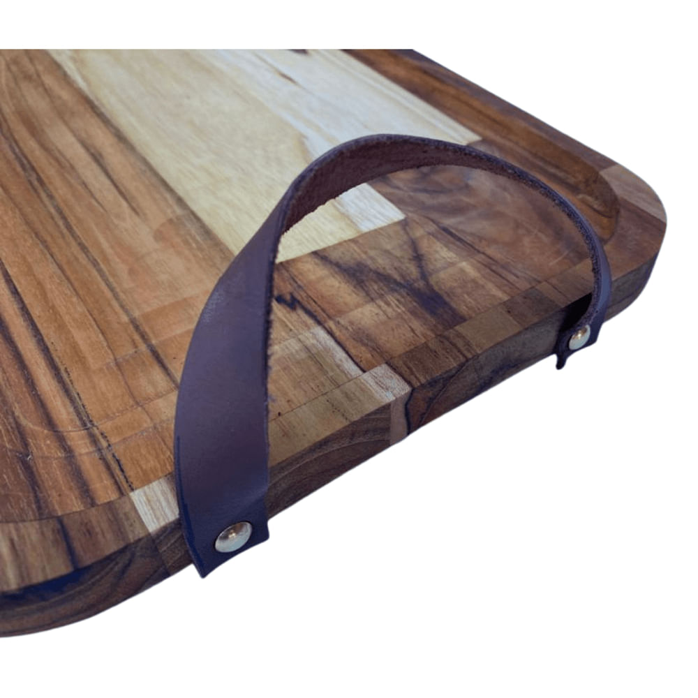 Bandeja de madeira feita a mão com alças em couro 33x22x2 cm