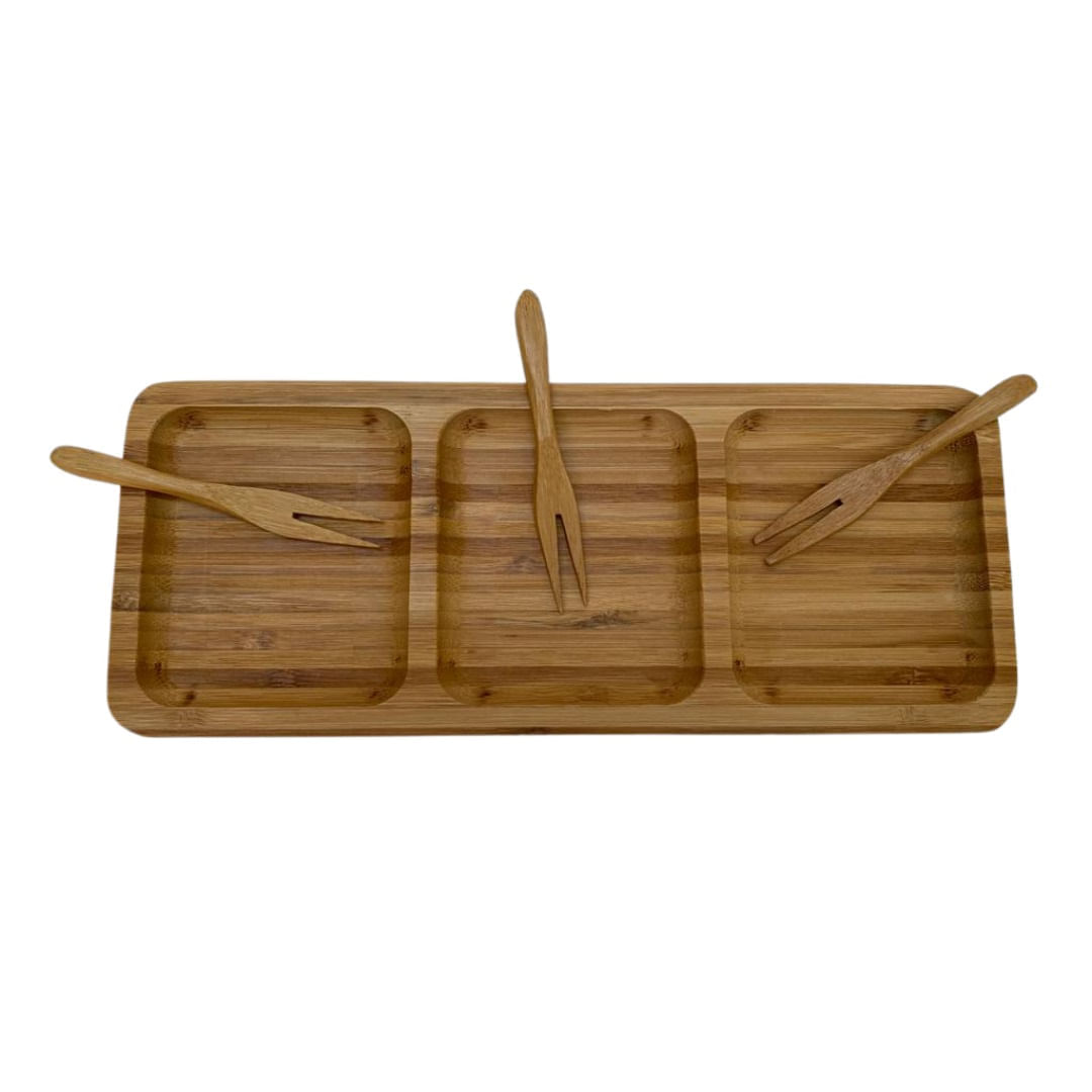 Petisqueira de bambu 25 cm com 3 espaços  3 garfinhos
