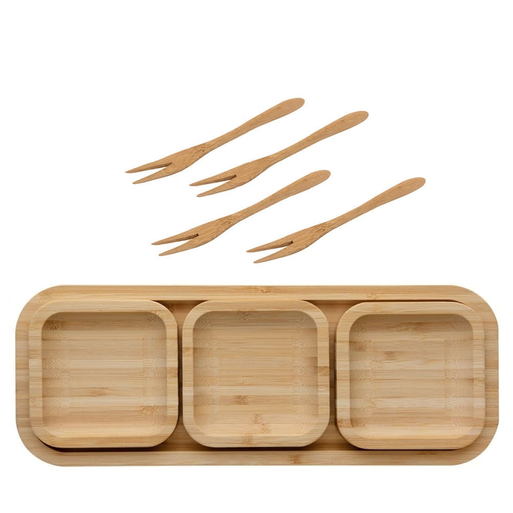 Petisqueira de bambu com 4 peças - 31cm com 4 garfinhos
